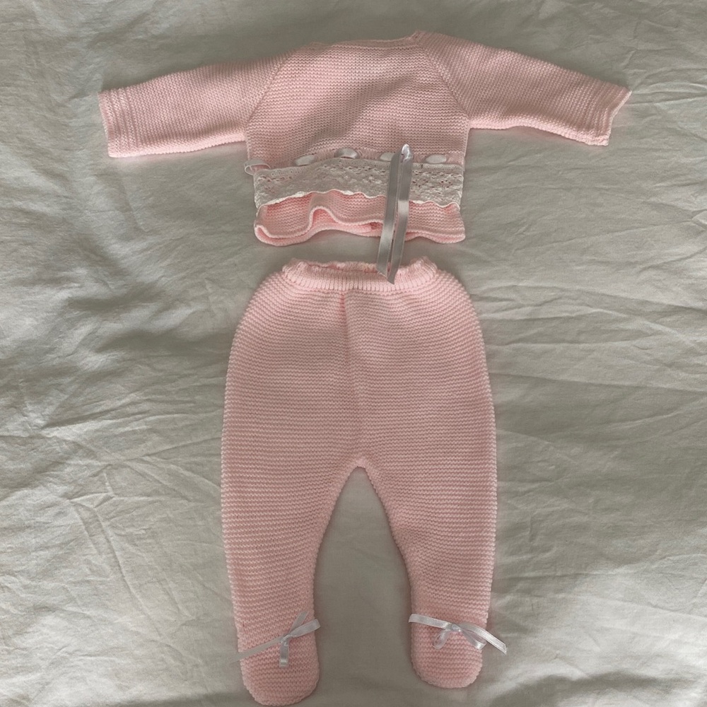 Baby Pink Knit Matching Set with Lace Trim